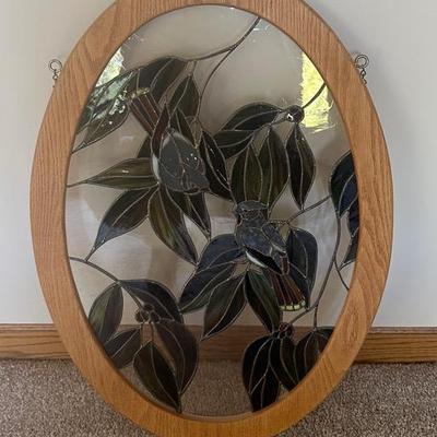 Oval Framed Stained Glass Art Of Birds And Flowers