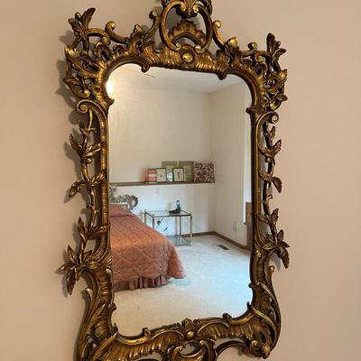 Vintage Rococo Style Ornate Gilt-Framed Wall Mirror, Heavy Wood & Wood Backing 