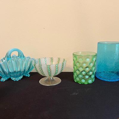 Italian Murano Venetian Glass Latticino Bowl, Davidson Glass Pearline Blue Basket & More