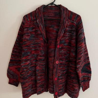 Hand Knit Red & Blue Balloon Sleeve Sweater/Cardigan 