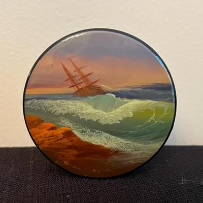 “Shipwreck” ~ Traditional Russian Hand Painted Folk Art Signed Lacquer Box, By Fedoskino
