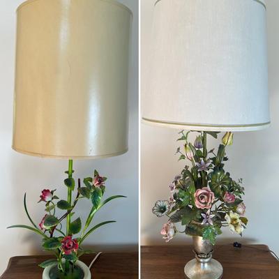 Vintage Italian Tole Flowers Table Lamp Set
