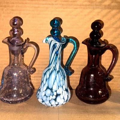 Vintage Blue And Purple Crackle Handmade Glass Cruet