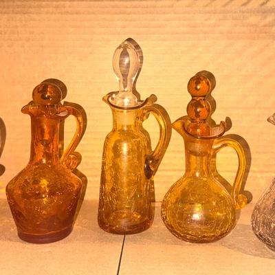 Vintage Amber Tone Crackle Art Glass Hand Cruet