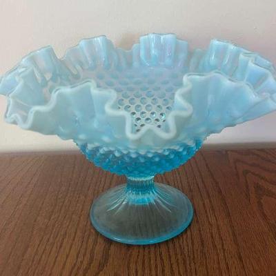 Fenton Blue Opalescent Hobnail Glass with Crimped Edge Bowl