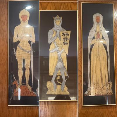  Vintage Brass Rubbing Silkscreen Print Set of 3 