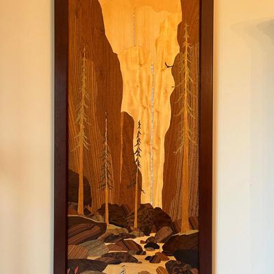 "The Zion Narrows" by Hudson River Inlay, Marquetry Wood Panel Made Of 22 Wood Species & MOP