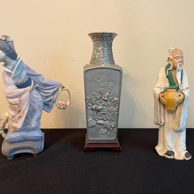 Lladró Porcelain Figurine "Michiko”, Royal Selangor Pewter Four Seasons Vase & Mudman figurine 