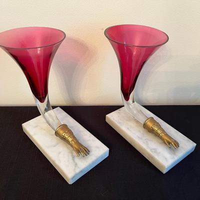 Cranberry Glass Cornucopia Vases W/ Gilt Bronze Hands on Marble Stand