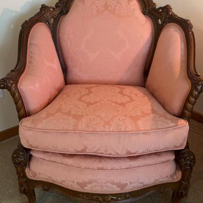 Vintage Hand Carved Pink Brocade Louis XV Bergere Chair