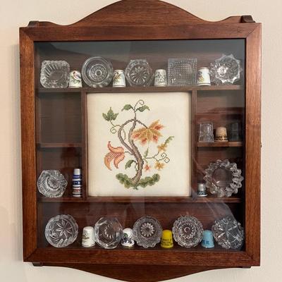 Wallhang Display Case W/ Cross Stitch & Collection of Thimbles & More 