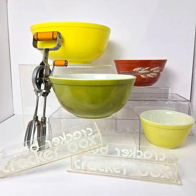 Vintage Pyrex Primary Colors Nesting Mixing Bowls (Set of 4), Cracker Boxes & Bakelite Hand Mixer