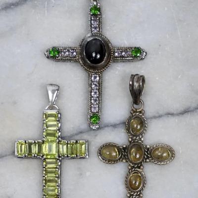 Sterling Silver Cross Pendants  - Emerald, Peridot, Quartz, and More