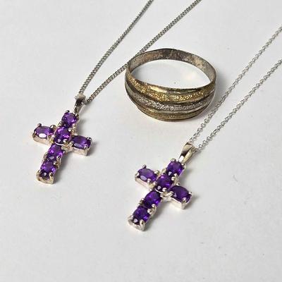 Sterling Silver Ring with 10K Gold Accent and Sterling Purple Tourmaline Necklaces (2)