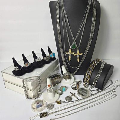 Mens Costume Jewelry (Silver Tone)- Rings, Chain Necklaces, Bracelets & More 