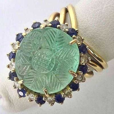 14K Gold 15.9mm Emerald Cabochon  Ring with 2.5mm Diamond & Sapphire Halo - Size 5