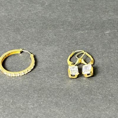 14K Gold Cubic Zirconia Hoop And Dangle Earrings - 3 Pairs