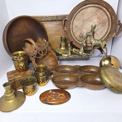 Carved Wood Bowls & Trays Plus Brass Figurines & Candleholders