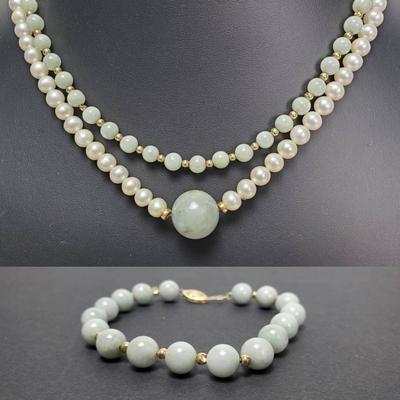 14K Gold Accented Jadeite & Pearl Necklaces & Bracelet