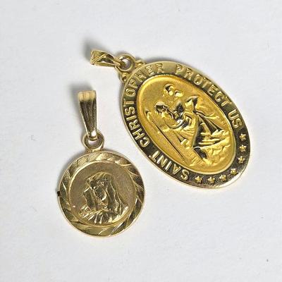 14K Gold St. Christopher Medal & Virgin Mary Pendants