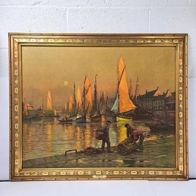 Vintage Turner Wall Accessory Print – "Sailboats Fisherman Port City," Framed 35x28"