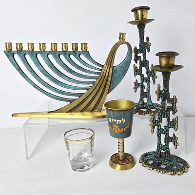 Vintage Brass Chanukah Menorah, Enamel Kiddush Cup, Shabbat Candle Holders (Israel)