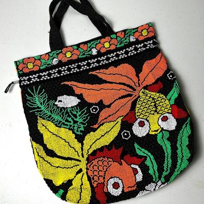 Vintage Koi Fish Beaded Tote Bag (15x16”)