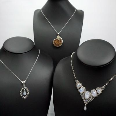 Sterling Silver Moonstone & Ammonite Necklaces - 18" & 24"