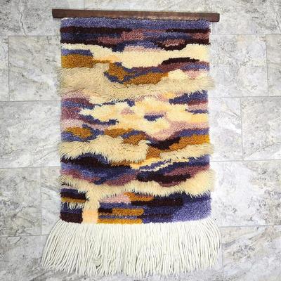 Vintage Abstract Latch Hook Wall Hanging - 39x22” Including Fringe