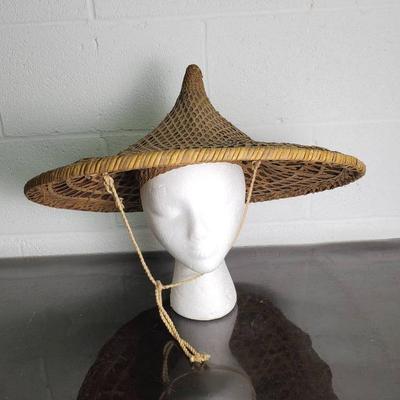 Vintage Asian Conical Woven Straw Hat -19"