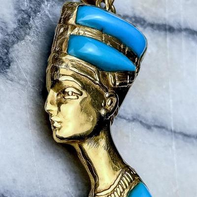 14K Gold Egyptian Queen Nefertiti Pendant With Stone Accents - 1.5" Long