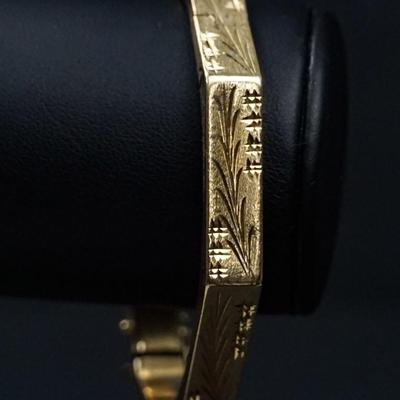14K Gold Etched Hinged Bangle Bracelet- 2.25" Wide