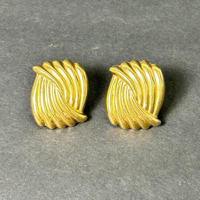 14K Gold Ribbed Knot Earrings With Omega Back, Hollow - 1" Long