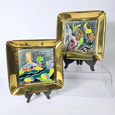 Enamaled Tile Wall Hangings With Brass Frames - 9x9”