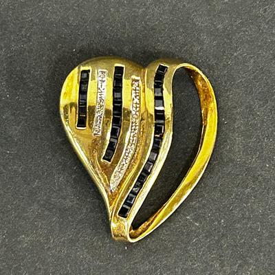 10K Gold Sapphire & Diamond Accented Heart Slide Pendant -1.25" Long