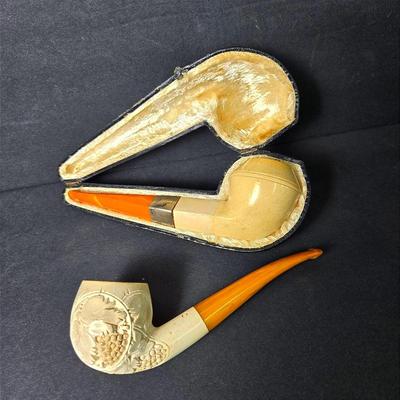 Antique Meerschaum Estate Pipes With Amber Stem, One With Sterling Band 