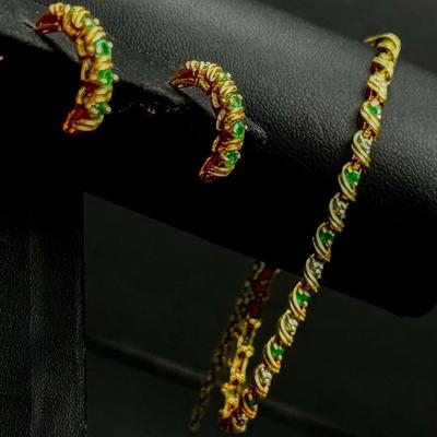 10K Gold Emerald Half Hoop Earrings & Bracelet With Diamond Accents