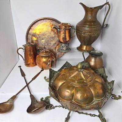 Copper Pitchers, Teapots & Tray