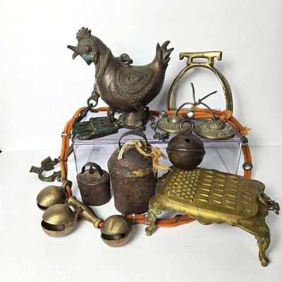 Decorative Metalware: Chicken Oil Lamp, Bells, Stirrup & More 