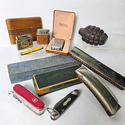 Vintage Lighters, Wood Cigarette Case, Harmonicas, Pocket Knives & More