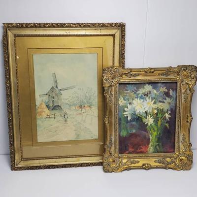 Sill Life Painting On Board & Dutch Watercolor Scene - Both Signed  