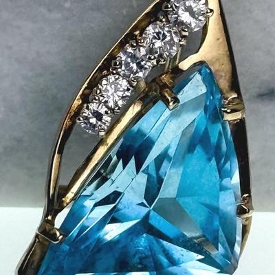 14K Gold Blue Topaz & Diamond Pendant -1.75" Long