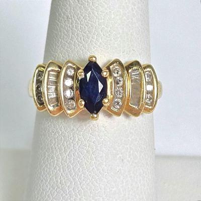 10K Gold Marquise Sapphire With Diamond Accent Ring - Size 6.5