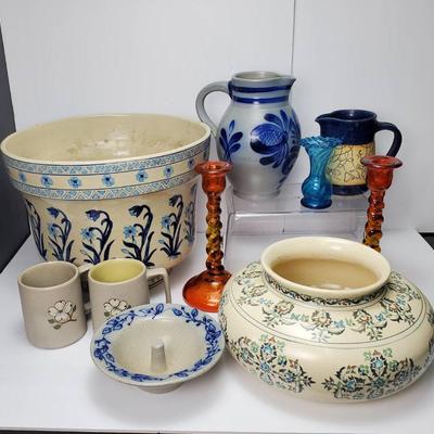 Pottery & Glass: Salt Glazed Pitcher, 9.5”h Planter, Pigeon Forge Mugs, Candleholders, More