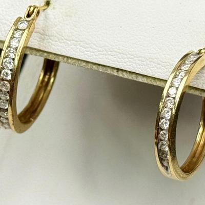 10K Gold Diamond Hoop Earrings - 7/8" Long