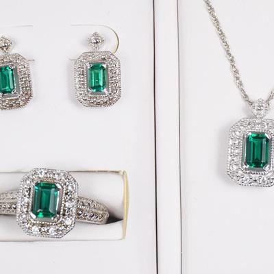 Sterling Silver Emerald & White Topaz Set- Ring (size 8), Necklace, & Earrings