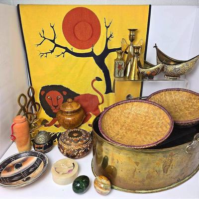 International & Brass Decor: Carved Gourd, Stone Eggs, Candleholders, Baskets & More