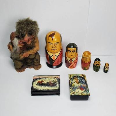 Vintage Norwegian Troll #126, Russian Political Leaders Nesting Doll, and Hand-Painted Trinket Boxes