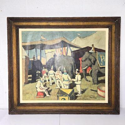 Paul Sample Signed Painting On Canvas - Circus Elephants & Clowns