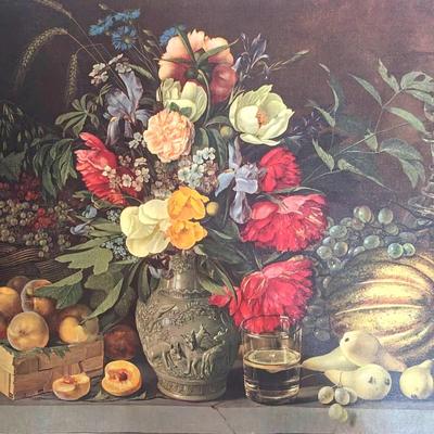 Vintage Art Print on Canvas "Flowers and Fruits" by Ivan Khrutsky, 1839, Gosznak USSR 1974, 24x18"